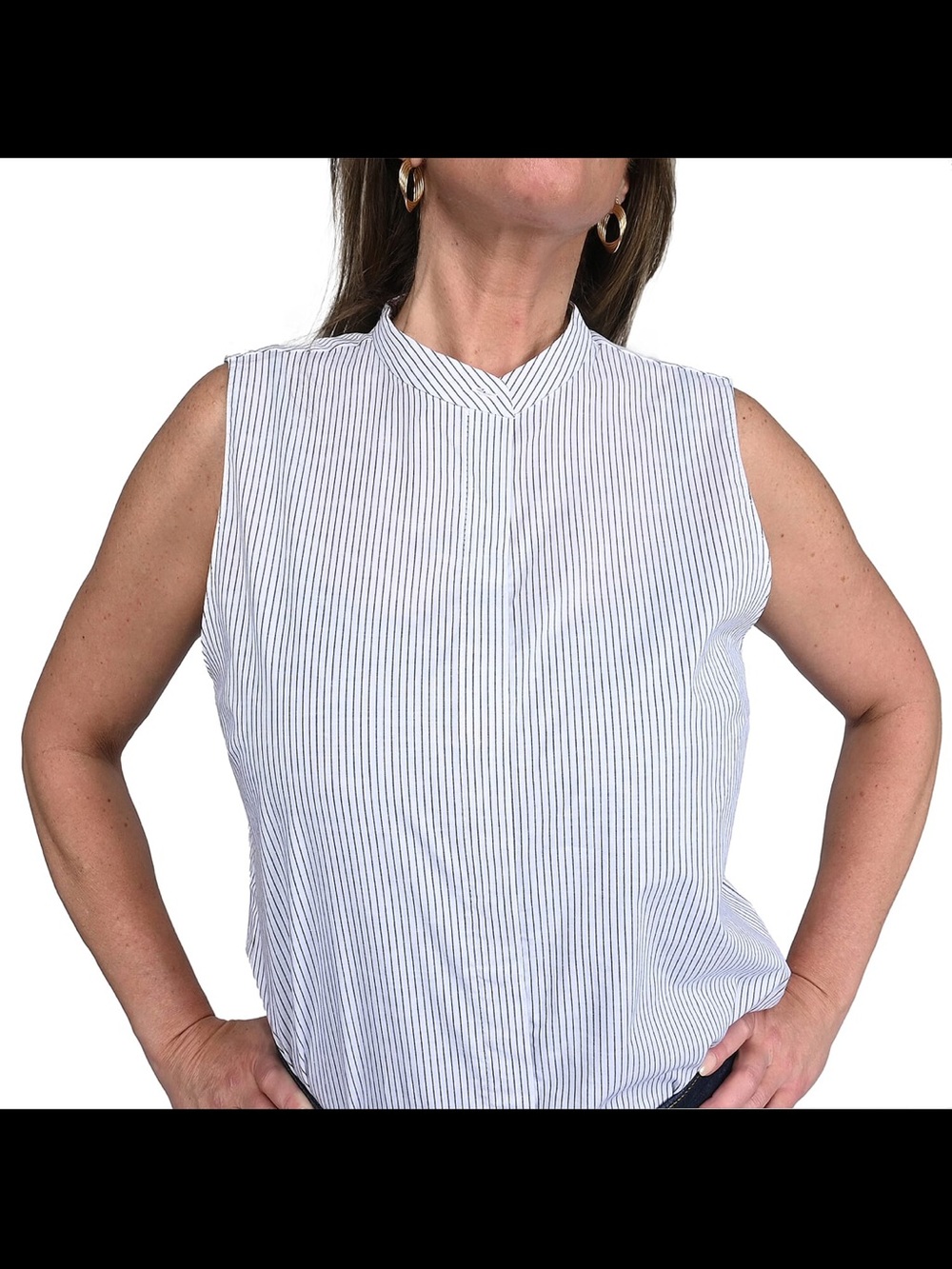 Tahari black & White Striped Button-Up Sleeveless Blouse Medium